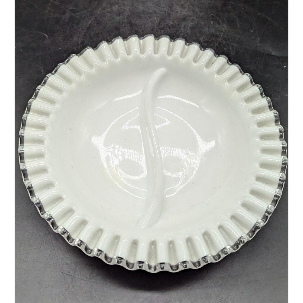 Vintage Fenton Silvercrest Milk Glass Divided Nut Candy Bowl Ruffled 9.25"